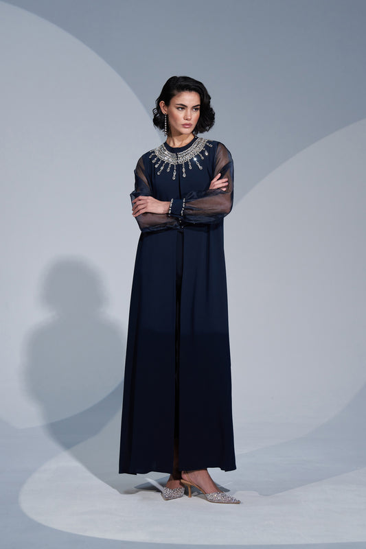 Kol Uçları ve Yaka El İşi Taş İşleme Detaylı Abaya - lacivert