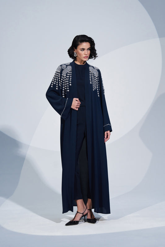 Omuzdan Aşağı Özel Desenlerle İşlenmiş Taş Detaylı Abaya - lacivert