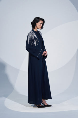Omuzdan Aşağı Özel Desenlerle İşlenmiş Taş Detaylı Abaya - lacivert