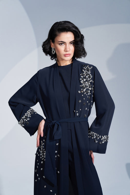 Kollarda ve Ön Kısımlarda Taş İşlemeli Abaya - lacivert