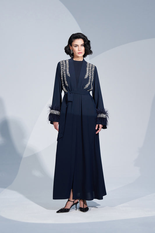 Kol Uçları Tüy ve Omuzdan Aşağı Taş İşleme Detaylı Abaya - lacivert