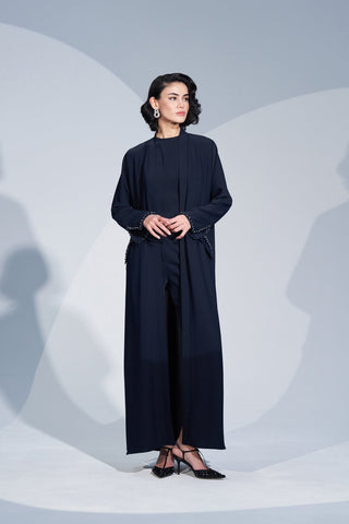 Kol Ucu ve Cep Kenarları Taş İşlemeli Abaya - lacivert