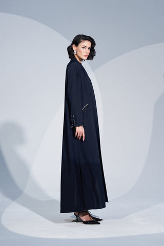 Kol Ucu ve Cep Kenarları Taş İşlemeli Abaya - lacivert