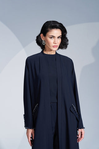 Kol Ucu ve Cep Kenarları Taş İşlemeli Abaya - lacivert