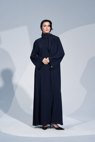 Kol ve Yaka El İşi Boncuk İşleme Detaylı Ferace - lacivert