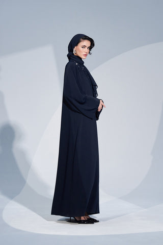 Kol ve Yaka El İşi Boncuk İşleme Detaylı Ferace - lacivert