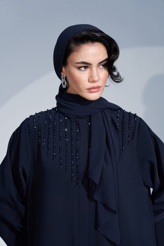 Kol ve Yaka El İşi Boncuk İşleme Detaylı Ferace - lacivert