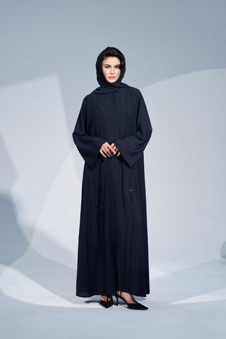 Nervür ve El İşi Boncuk Detaylı Ferace - lacivert