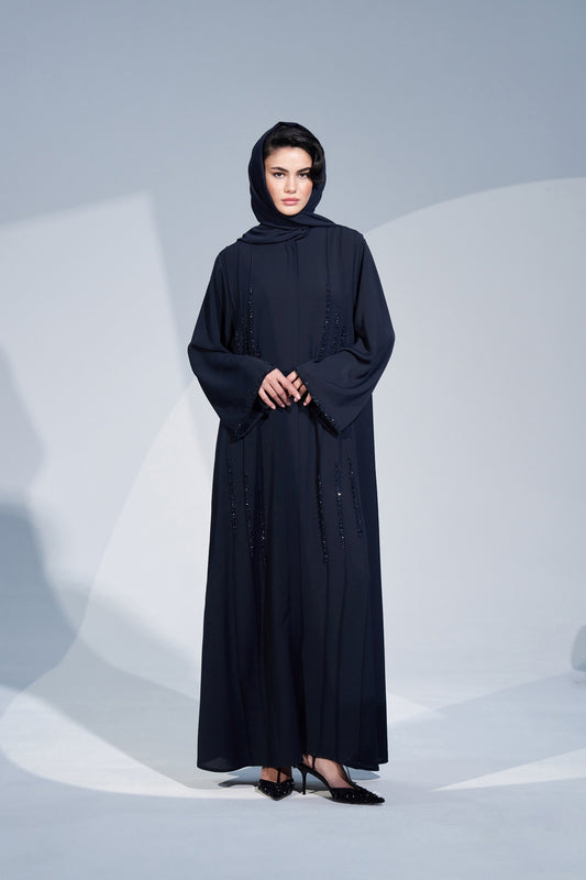 Nervür ve El İşi Boncuk Detaylı Ferace - lacivert