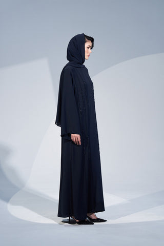 Nervür ve El İşi Boncuk Detaylı Ferace - lacivert