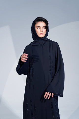 Nervür ve El İşi Boncuk Detaylı Ferace - lacivert