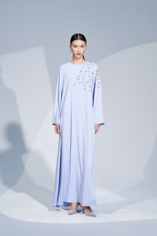 Kol Ucu ve Omuz Kısmında Taş İşlemeli Elbise - mavi