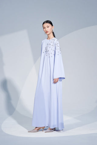 Kol Ucu ve Omuz Kısmında Taş İşlemeli Elbise - mavi