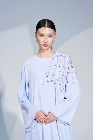 Kol Ucu ve Omuz Kısmında Taş İşlemeli Elbise - mavi