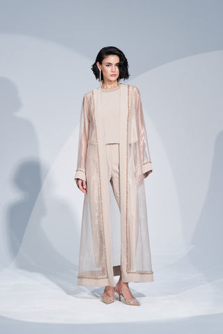 Taş İşlemeli Organze Abaya - bej
