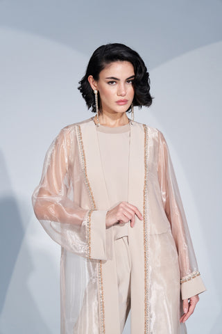 Taş İşlemeli Organze Abaya - bej