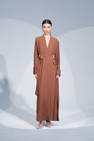 Kol Ucu ve Cep Kenarları Taş İşlemeli Abaya - taba