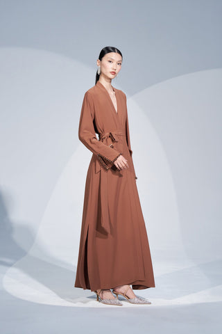 Kol Ucu ve Cep Kenarları Taş İşlemeli Abaya - taba