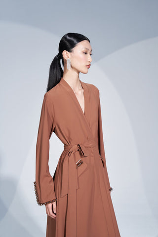 Kol Ucu ve Cep Kenarları Taş İşlemeli Abaya - taba