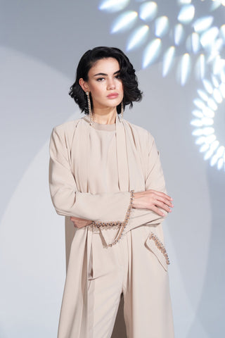 Kol Ucu ve Cep Kenarları Taş İşlemeli Abaya - bej