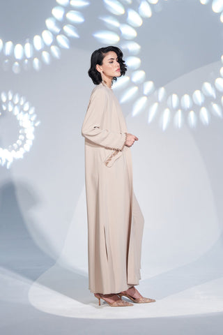 Kol Ucu ve Cep Kenarları Taş İşlemeli Abaya - bej