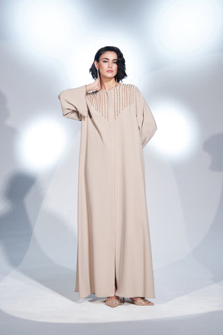 Kol ve Yaka El İşi Boncuk İşleme Detaylı Ferace - bej