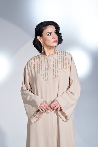 Kol ve Yaka El İşi Boncuk İşleme Detaylı Ferace - bej