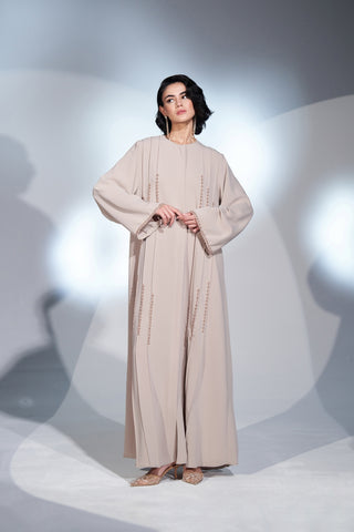 Nervür ve El İşi Boncuk Detaylı Ferace - bej