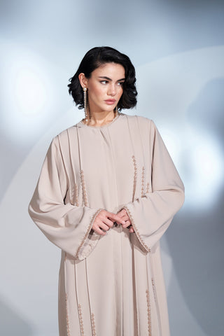 Nervür ve El İşi Boncuk Detaylı Ferace - bej