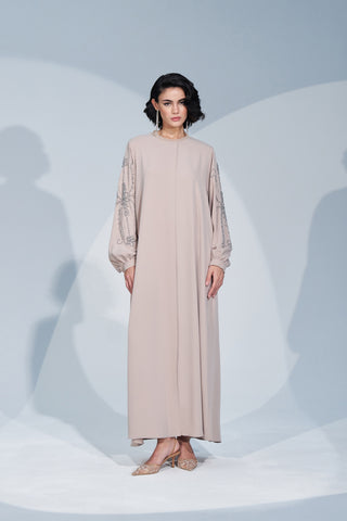 Kol ve Arka El İşi Taş Baskı Detaylı Ferace - bej