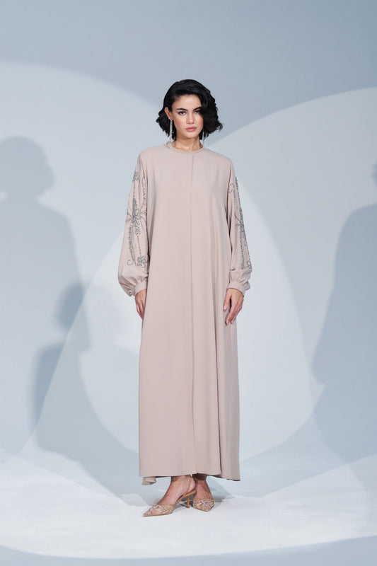 Kol ve Arka El İşi Taş Baskı Detaylı Ferace - bej