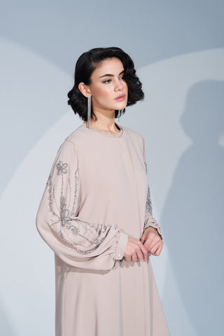 Kol ve Arka El İşi Taş Baskı Detaylı Ferace - bej