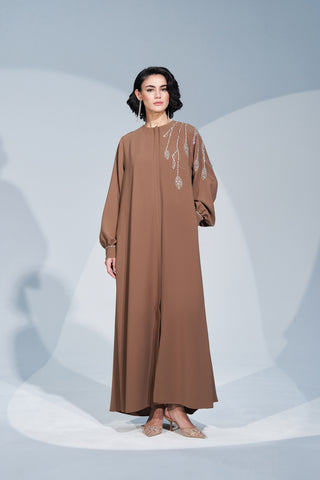 Kol ve Omuz Taş İşleme Detaylı Ferace - taba