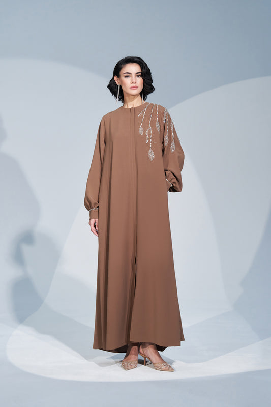 Kol ve Omuz Taş İşleme Detaylı Ferace - taba