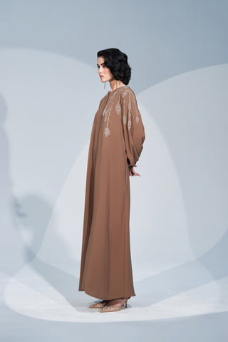 Kol ve Omuz Taş İşleme Detaylı Ferace - taba