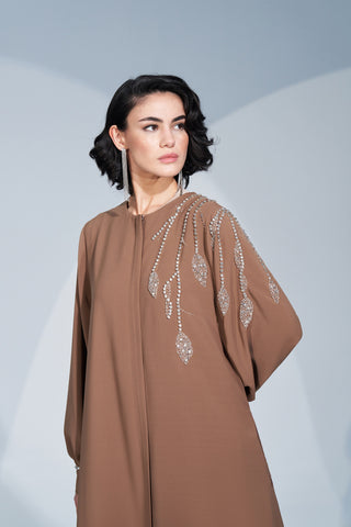 Kol ve Omuz Taş İşleme Detaylı Ferace - taba