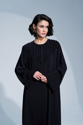 Kol ve Yaka El İşi Boncuk İşleme Detaylı Ferace - siyah