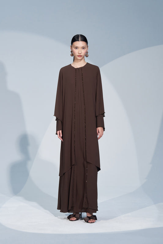 Önü Boydan Boncuk İşleme Detaylı Abaya - kahve