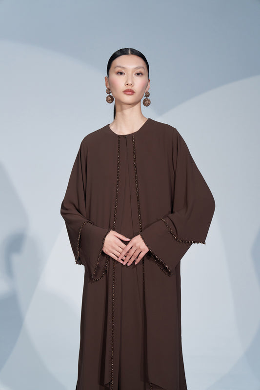 Önü Boydan Boncuk İşleme Detaylı Abaya - kahve