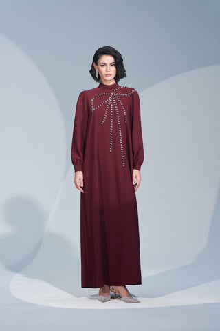 Omuzdan Kurdele Desenli El İşi Taş Detaylı Elbise - bordo
