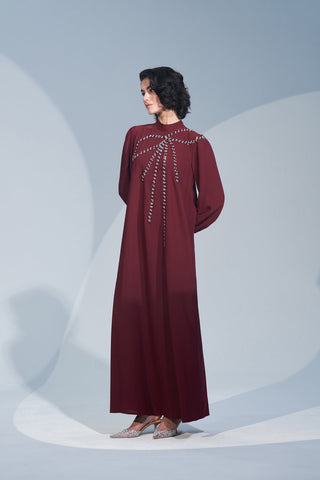 Omuzdan Kurdele Desenli El İşi Taş Detaylı Elbise - bordo