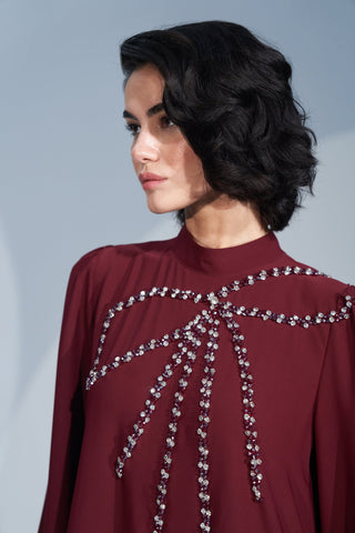 Omuzdan Kurdele Desenli El İşi Taş Detaylı Elbise - bordo