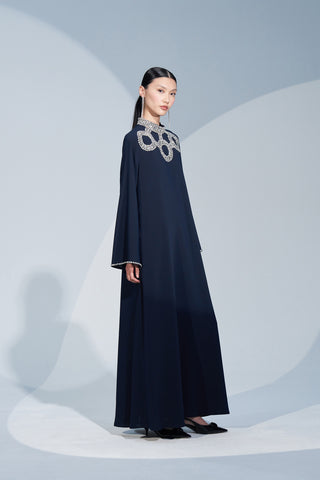 Kol Ucu ve Ön Desen El İşi Taş Detaylı Elbise - lacivert