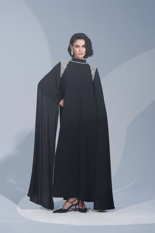 Omuz ve Yaka El İşi Taş İşlemeli Kol Pelerin Detaylı Elbise - siyah