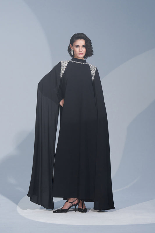 Omuz ve Yaka El İşi Taş İşlemeli Kol Pelerin Detaylı Elbise - siyah