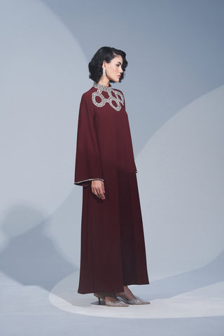 Kol Ucu ve Ön Desen El İşi Taş Detaylı Elbise - bordo