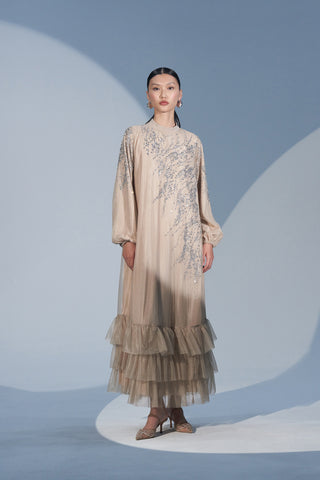Taş Baskılı Eteği Fırfır Detaylı Tül Elbise - bej