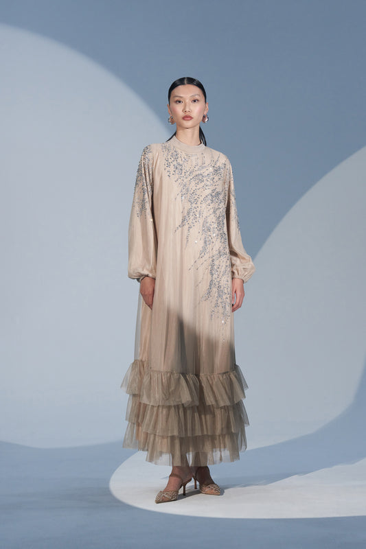 Taş Baskılı Eteği Fırfır Detaylı Tül Elbise - bej
