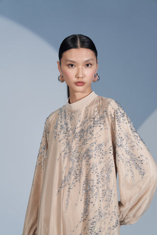 Taş Baskılı Eteği Fırfır Detaylı Tül Elbise - bej