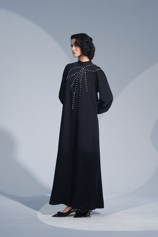 Omuzdan Kurdele Desenli El İşi Taş Detaylı Elbise - siyah